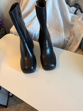 Steve Madden Black Mid-Calf Square-Toe Heeled Boots